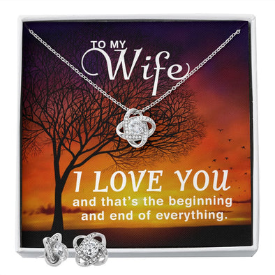 I LOVE YOU, LOVE KNOT EARRING & NECKACLE SET WITH MESSAGE CARD, ANNIVERSAY AND BIRTHDAY GIFT FOR HER
