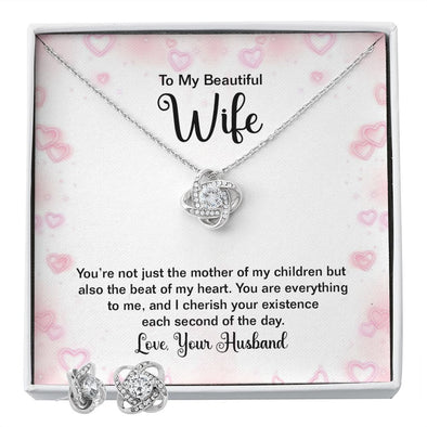 TO MY BEAUTIFUL WIFE, LOVE KNOT EARRING & NECKACLE SET WITH MESSAGE CARD, BIRTHDAY AND ANNIVERSARY GIFT FOR WIFE, BEAUTIFUL GIFT FOR HER