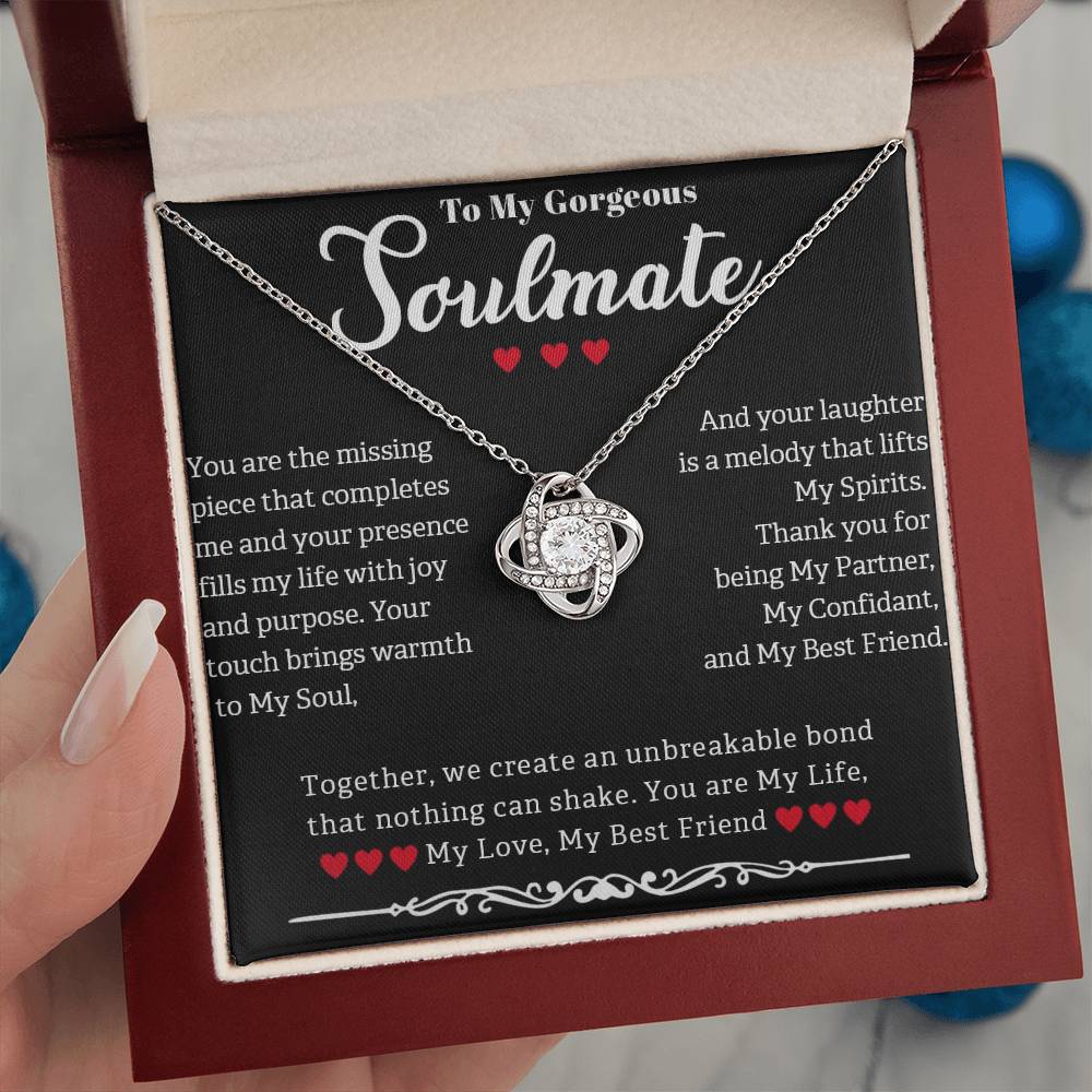 TO MY GORGEOUS SOULMATE, LOVE KNOT NECKLACE WITH MESSAGE CARD, GIFT FOR HER, BIRTHDAY AND ANNIVERSAY GIFT, UNIQUE GIFT FOR HER