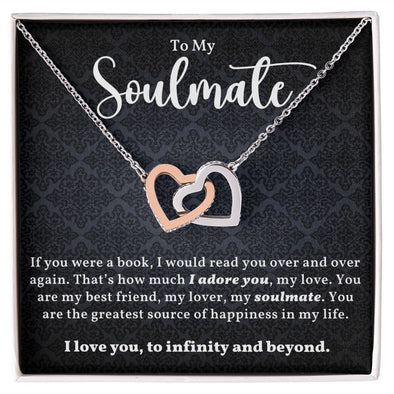 TO MY SOULMATE, INTERLOCKING HEART NECKLACE WITH MESSAGE CARD, GIFT FOR HER