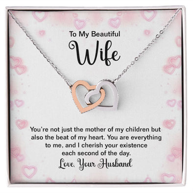 TO MY BEAUTIFUL WIFE,  INTERLOCKING HEART NECKLACE WITH MESSAGE CARD, BIRTHDAY AND ANNIVERSARY GIFT, UNIQUE GIFT FO HER, NECKLACE JWELERY