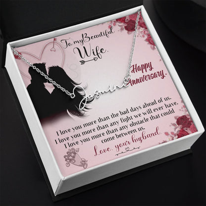 TO MY BEAUTIFUL WIFE HAPPY ANNIVERSARY, SIGNATURE NAME NECKLACE, GIFT FOR HER, NECKLACE PENDANT WITH MESSAGE CARD, FOR WIFE FROM HUSBAND