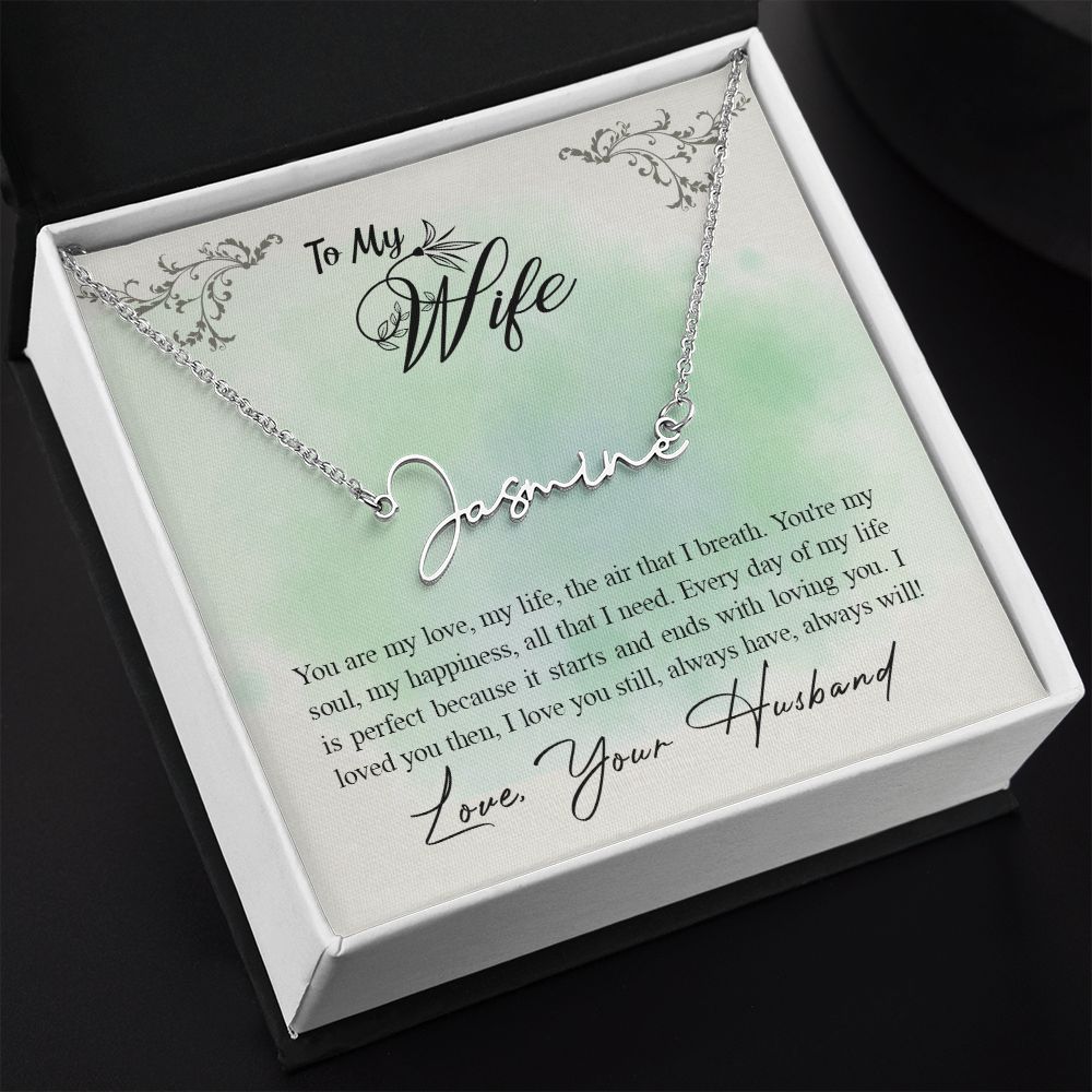 TO MY WIFE,  SIGNATURE NAME NECKLACE, BIRTHDAY GIFT FOR HER, NECKLACE PENDANT WITH MESSAGE CARD, FOR WIFE FROM HUSBAND