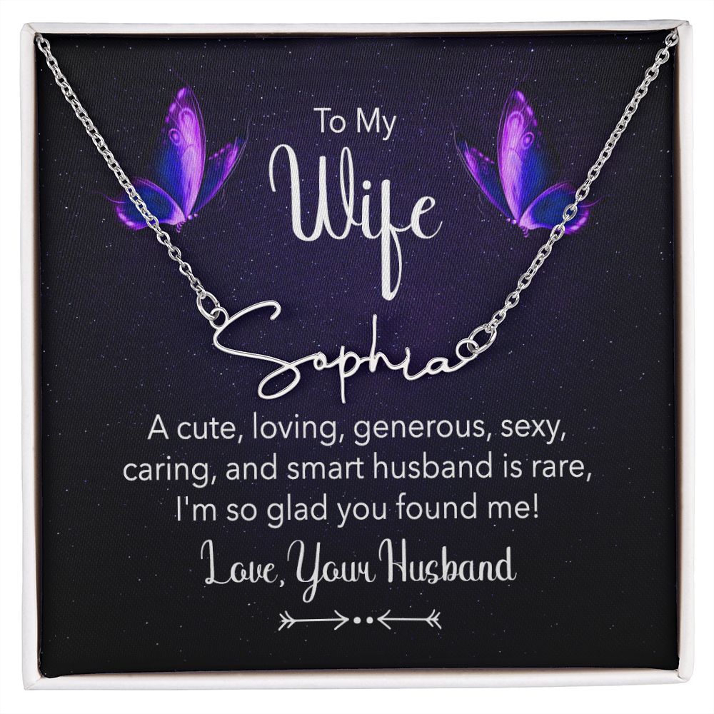 TO MY WIFE, SIGNATURE NAME NECKLACE, GIFT FOR HER, NECKLACE PENDANT WITH MESSAGE CARD, FOR WIFE FROM HUSBAND