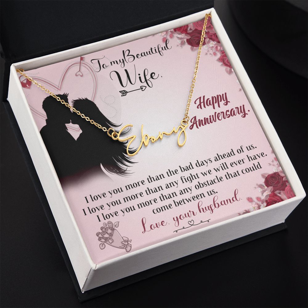 TO MY BEAUTIFUL WIFE HAPPY ANNIVERSARY, SIGNATURE NAME NECKLACE, GIFT FOR HER, NECKLACE PENDANT WITH MESSAGE CARD, FOR WIFE FROM HUSBAND