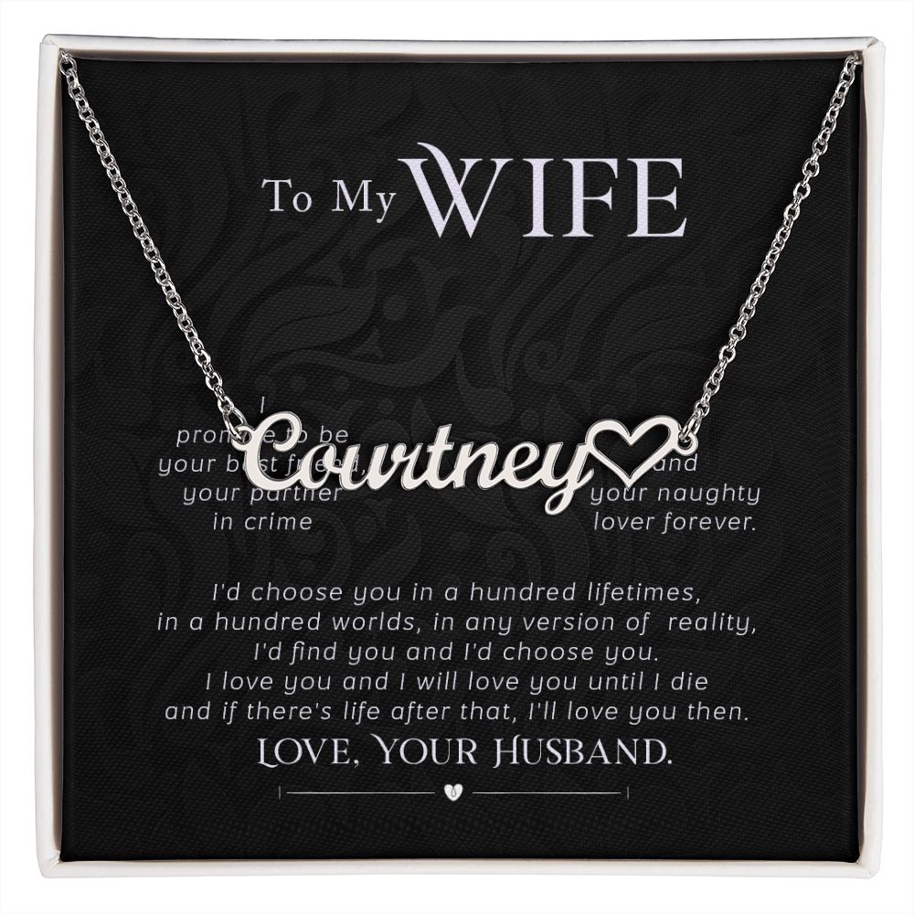 MY WIFE, CUSTOM NAME WITH HEART NECKLACE, GIFT FOR HER, NECKLACE PENDANT WITH MESSAGE CARD, FOR WIFE FROM HUSBAND