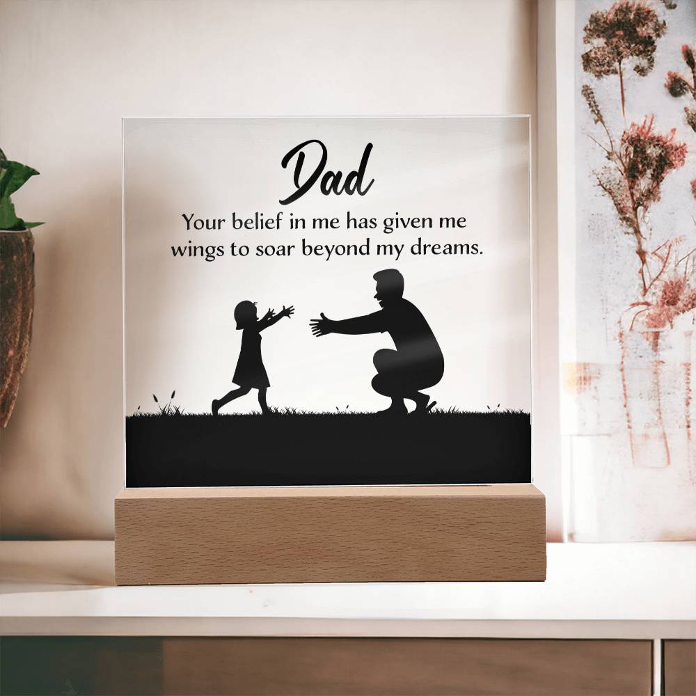 ACRYLIC PLAQUE WITH WOODEN LED BASE, FATHERS DAY GIFT, GIFT FOR DAD, UNIQUE GIFT FOR DAD, DESK DECOR, DAD GIFT FROM DAUGHTER/SON