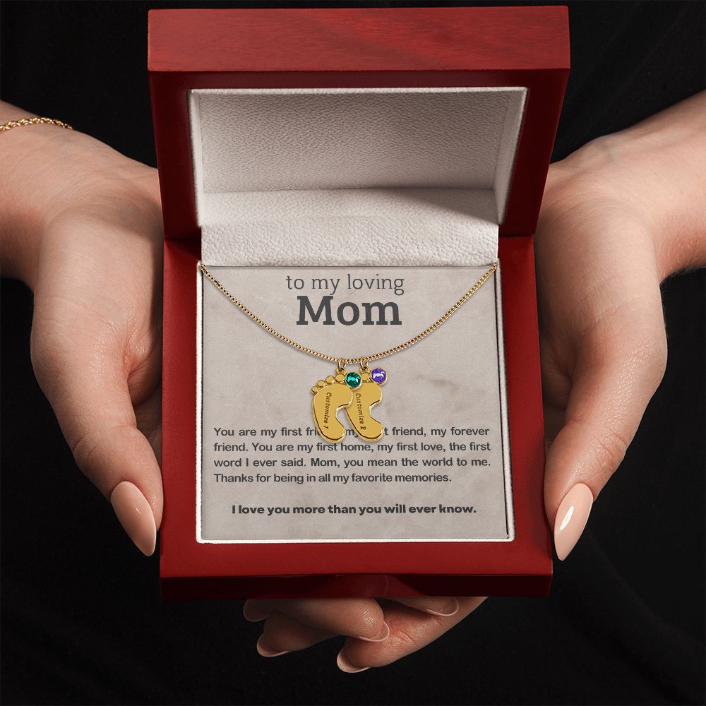 ENGRAVED BABY FEET WITH NAME AND BIRTHSTONE, NECKLACE GIFT FOR MOM WITH KIDS NAME, WITH MESSAGE CARD, BIRTHDAY/MOTHER'S DAY GIFT FOR MOM, FROM SON/DAUGHTER