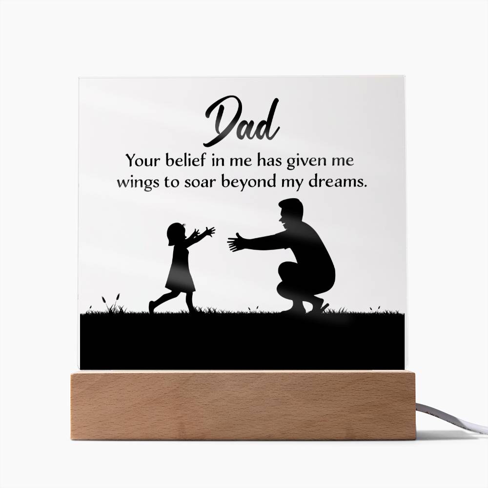 ACRYLIC PLAQUE WITH WOODEN LED BASE, FATHERS DAY GIFT, GIFT FOR DAD, UNIQUE GIFT FOR DAD, DESK DECOR, DAD GIFT FROM DAUGHTER/SON