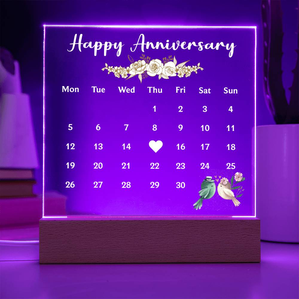 HAPPY ANNIVERSAY, ACRYLIC PLAQUE WITH WOODEN LED BASE, GIFT, UNIQUE GIFT, ANNIVERSARY GIFT, CUSTOM GIFT, GIFT FOR ANNIVERSARY