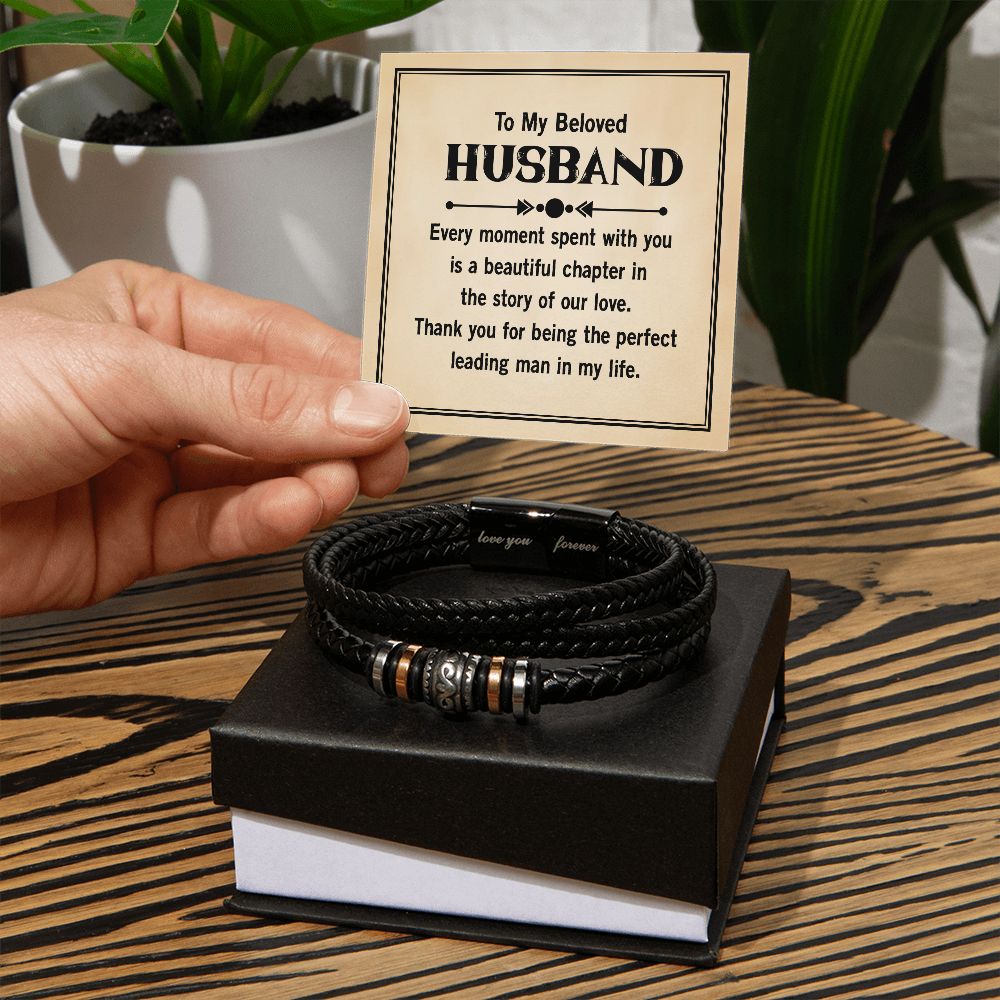 TO MY BELOVED HUSBAND, LOVE YOU FOREVER MEN'S BRACELET FOR HUSBAND, BIRTHDAY/ANNIVERSARY GIFT FOR HIM, BRACELET WITH ENGRAVED MESSAGE AND MESSAGE CARD FOR YOUR HUSBAND