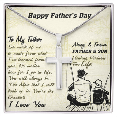 HAPPY FATHER'S DAY, ARTISAN-CRAFTED STAINLESS STEEL CROSS NECKLACE, FATHER'S DAY GIFT FOR HIM, UNIQUE  GIFT WITH BEAUTIFUL MESSAGE CARD, GIFT FOR DAD