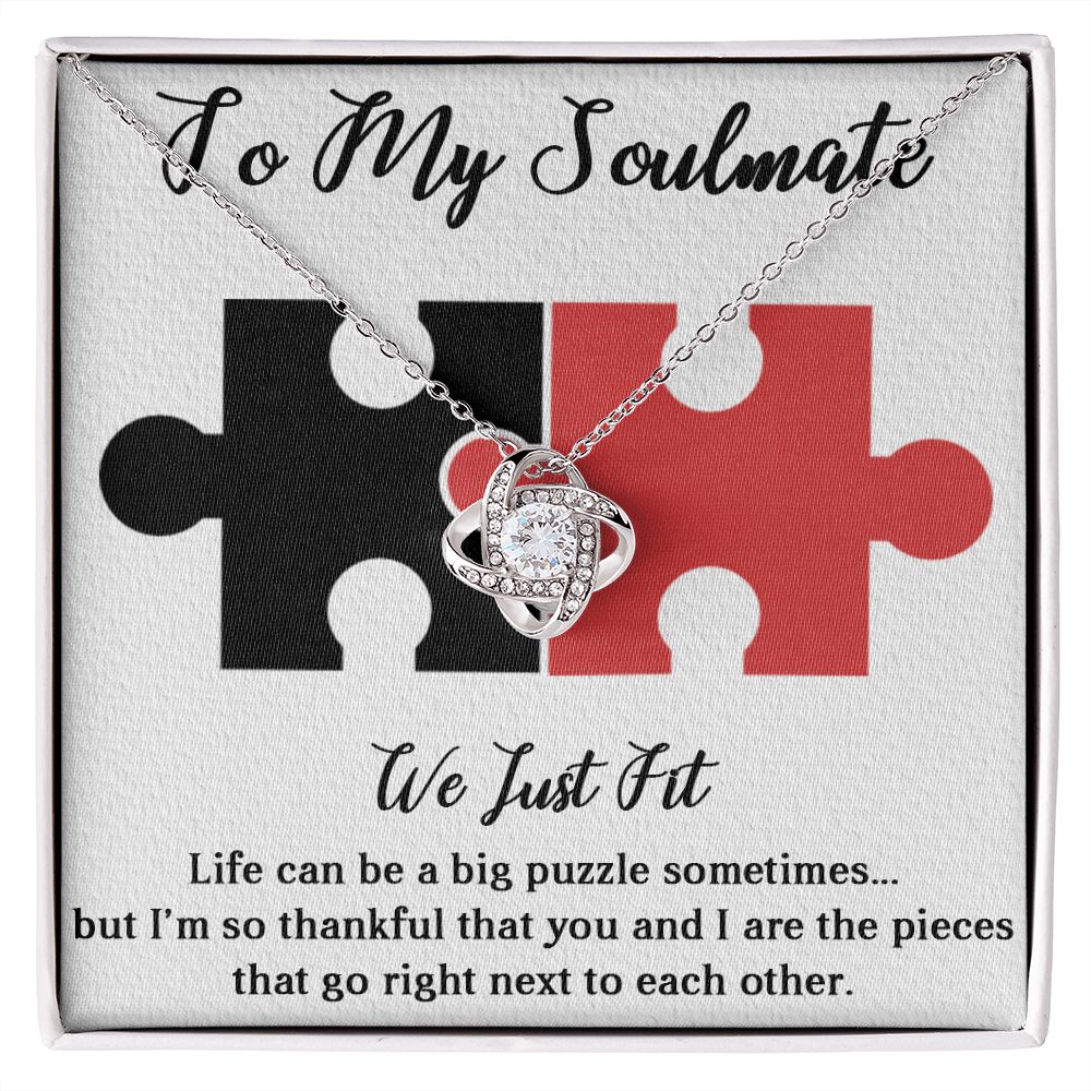 TO MY SOULMATE WE JUST FIT, INTERLOCKING HEART NECKLACE, FOR COUPLES, BIRTHDAY GIFT FOR HER, NECKLACE WITH MESSAGE CARD