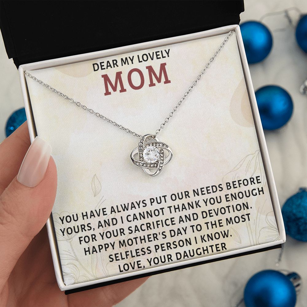 DEAR MY LOVELY MOM, LOVE KNOT NECKLACE FOR MOM, NECKLACE WITH MESSAGE CARD, MOTHER'S DAY GIFT FOR HER, FROM DAUGHTER