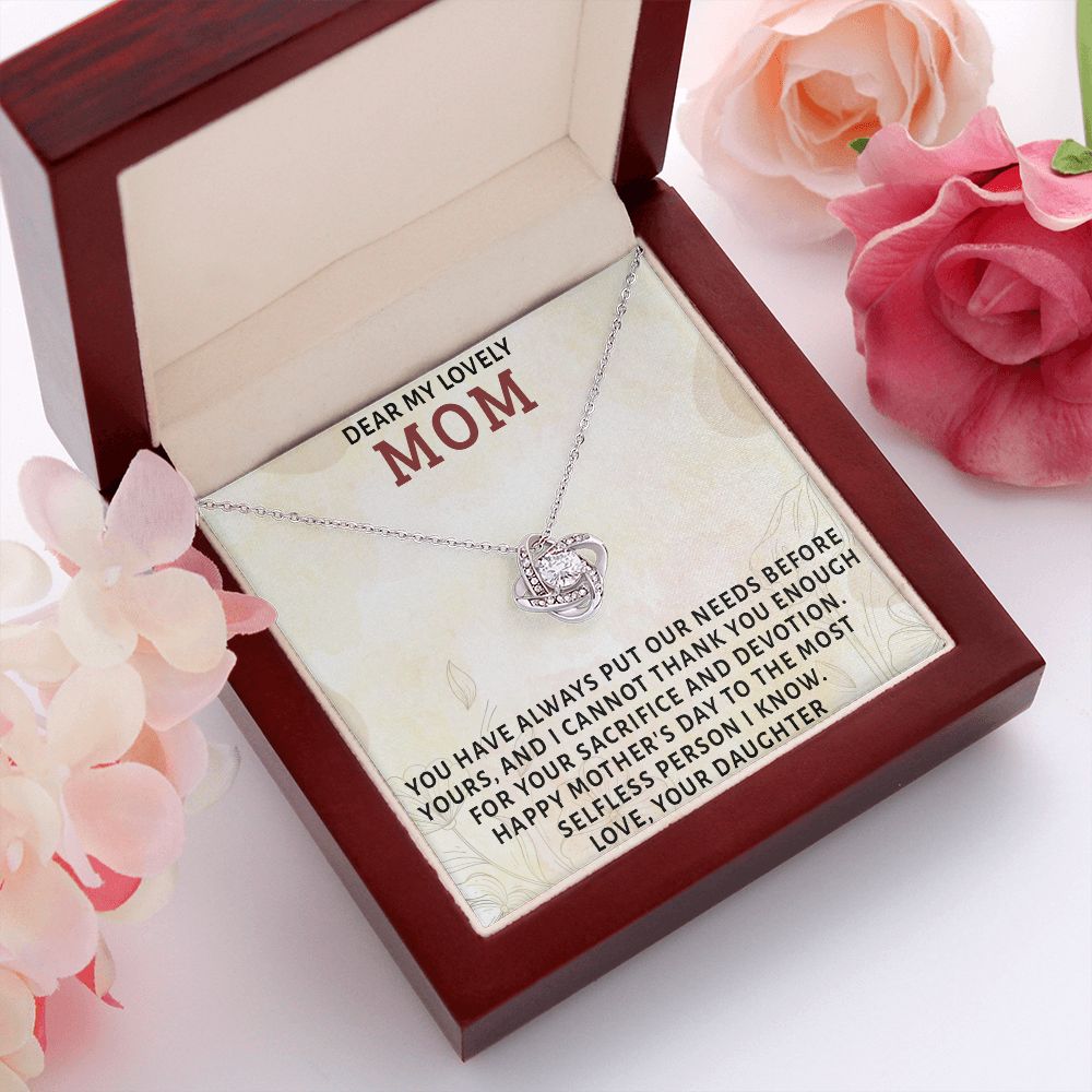 DEAR MY LOVELY MOM, LOVE KNOT NECKLACE FOR MOM, NECKLACE WITH MESSAGE CARD, MOTHER'S DAY GIFT FOR HER, FROM DAUGHTER