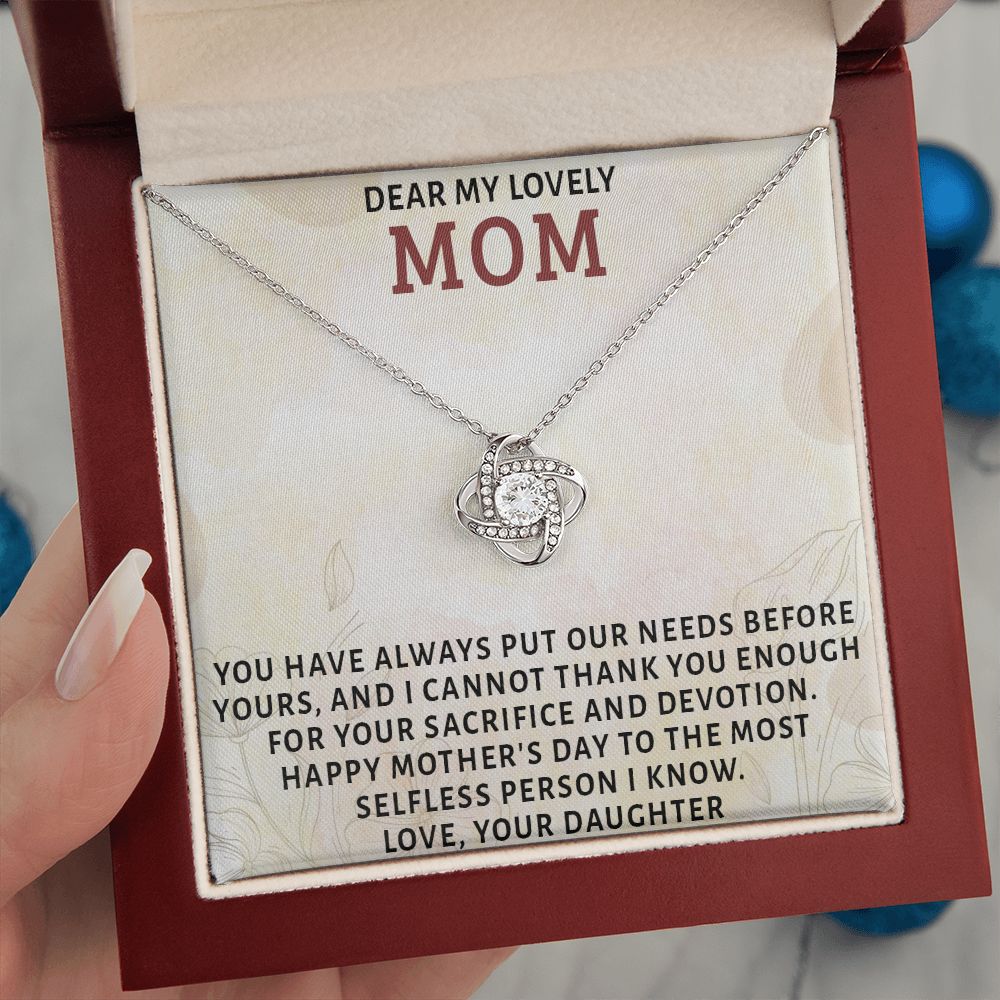 DEAR MY LOVELY MOM, LOVE KNOT NECKLACE FOR MOM, NECKLACE WITH MESSAGE CARD, MOTHER'S DAY GIFT FOR HER, FROM DAUGHTER