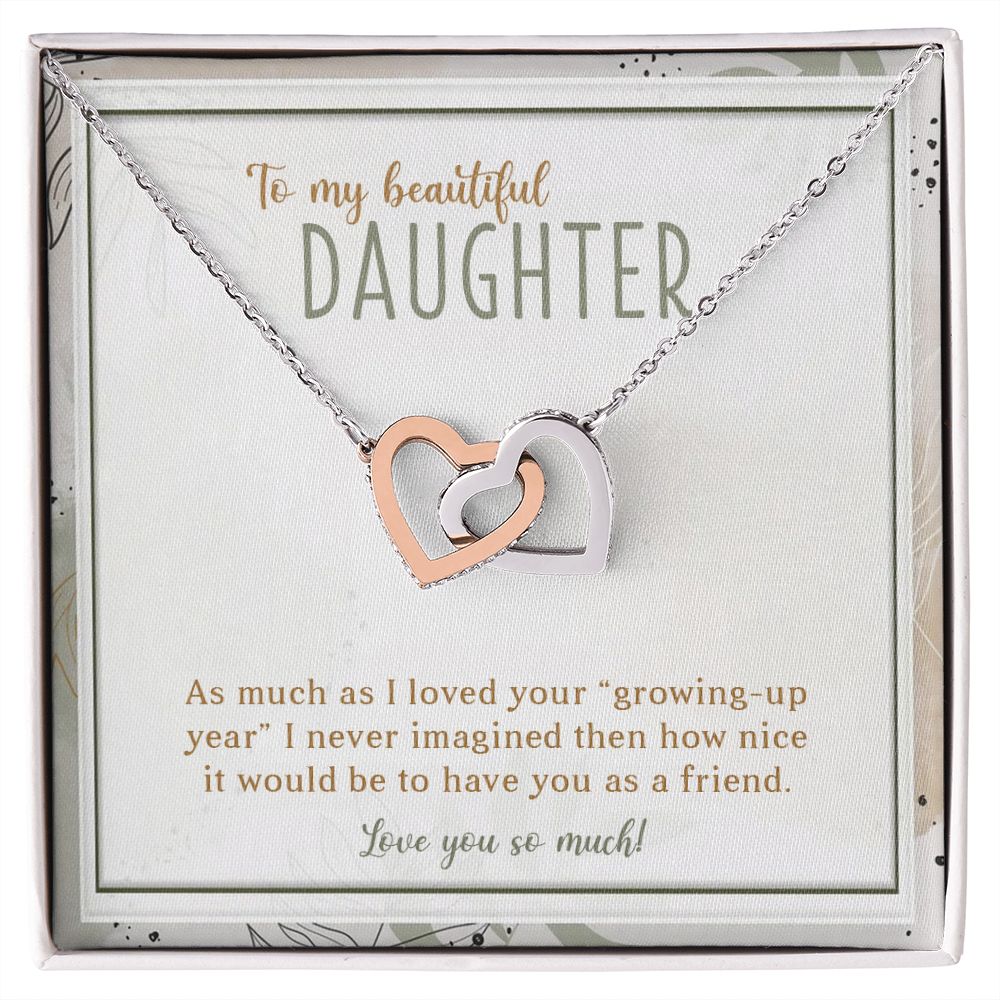 TO MY BEAUTIFUL DAUGHTER, INTERLOCKING HEART NECKLACE WITH MESSAGE CARD, UNIQUE GIFT FOR DAUGHTER'S, BIRTHDAY AND DAUGHTER'S DAY GIFT FOR HER
