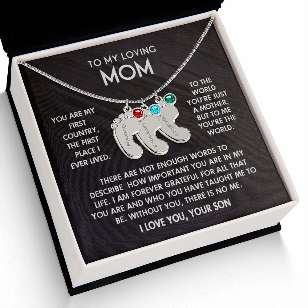 ENGRAVED BABY FEET WITH NAME AND BIRTHSTONE, NECKLACE GIFT FOR MOM WITH KIDS NAME, WITH MESSAGE CARD, BIRTHDAY/ MOTHER'S DAY GIFT FOR MOM FROM SON