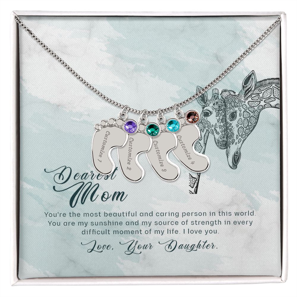 ENGRAVED BABY FEET WITH NAME AND BIRTHSTONE, NECKLACE GIFT FOR MOM WITH KIDS NAME, WITH MESSAGE CARD, BIRTHDAY/MOTHER'S DAY GIFT FOR MOM, FROM DAUGHTER
