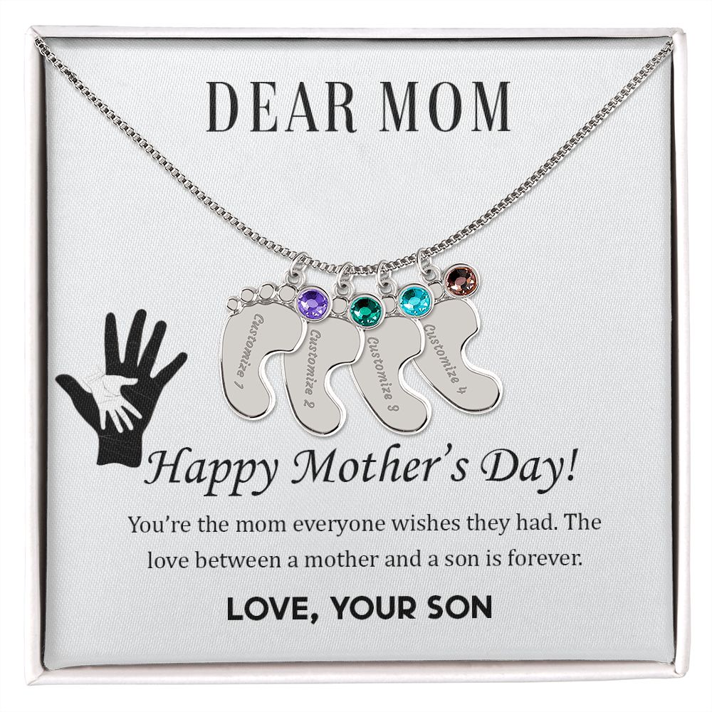 ENGRAVED BABY FEET WITH NAME AND BIRTHSTONE, NECKLACE GIFT FOR MOM WITH KIDS NAME, WITH MESSAGE CARD, BIRTHDAY/ MOTHER'S DAY GIFT FOR MOM FROM SON