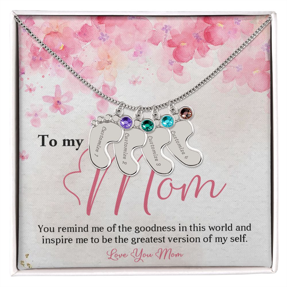 ENGRAVED BABY FEET WITH NAME AND BIRTHSTONE, NECKLACE GIFT FOR MOM WITH KIDS NAME, WITH MESSAGE CARD, BIRTHDAY/ MOTHER'S DAY GIFT FOR MOM FROM SON/DAUGHTER