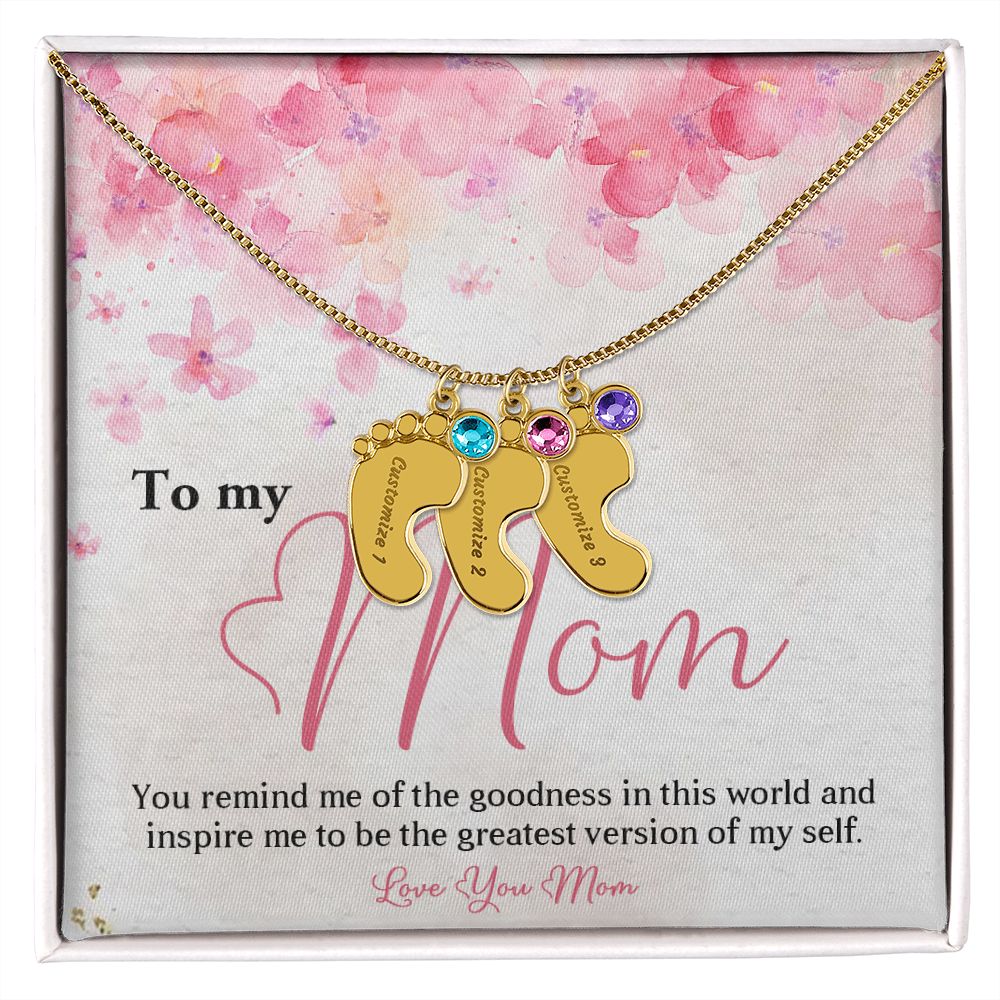 ENGRAVED BABY FEET WITH NAME AND BIRTHSTONE, NECKLACE GIFT FOR MOM WITH KIDS NAME, WITH MESSAGE CARD, BIRTHDAY/ MOTHER'S DAY GIFT FOR MOM FROM SON/DAUGHTER