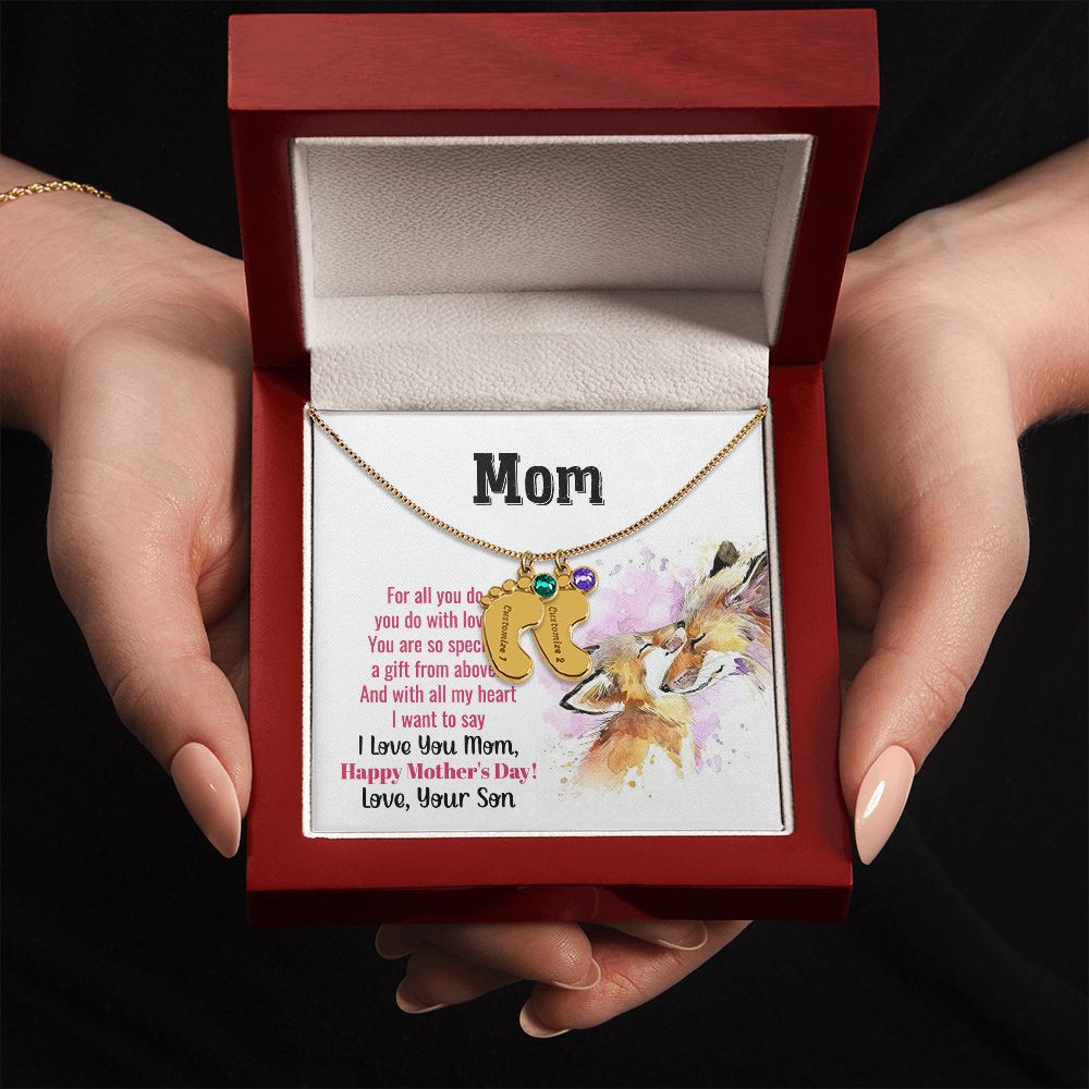ENGRAVED BABY FEET WITH NAME AND BIRTHSTONE, NECKLACE GIFT FOR MOM WITH KIDS NAME, WITH MESSAGE CARD, MOTHER'S DAY GIFT FOR MOM FROM SON