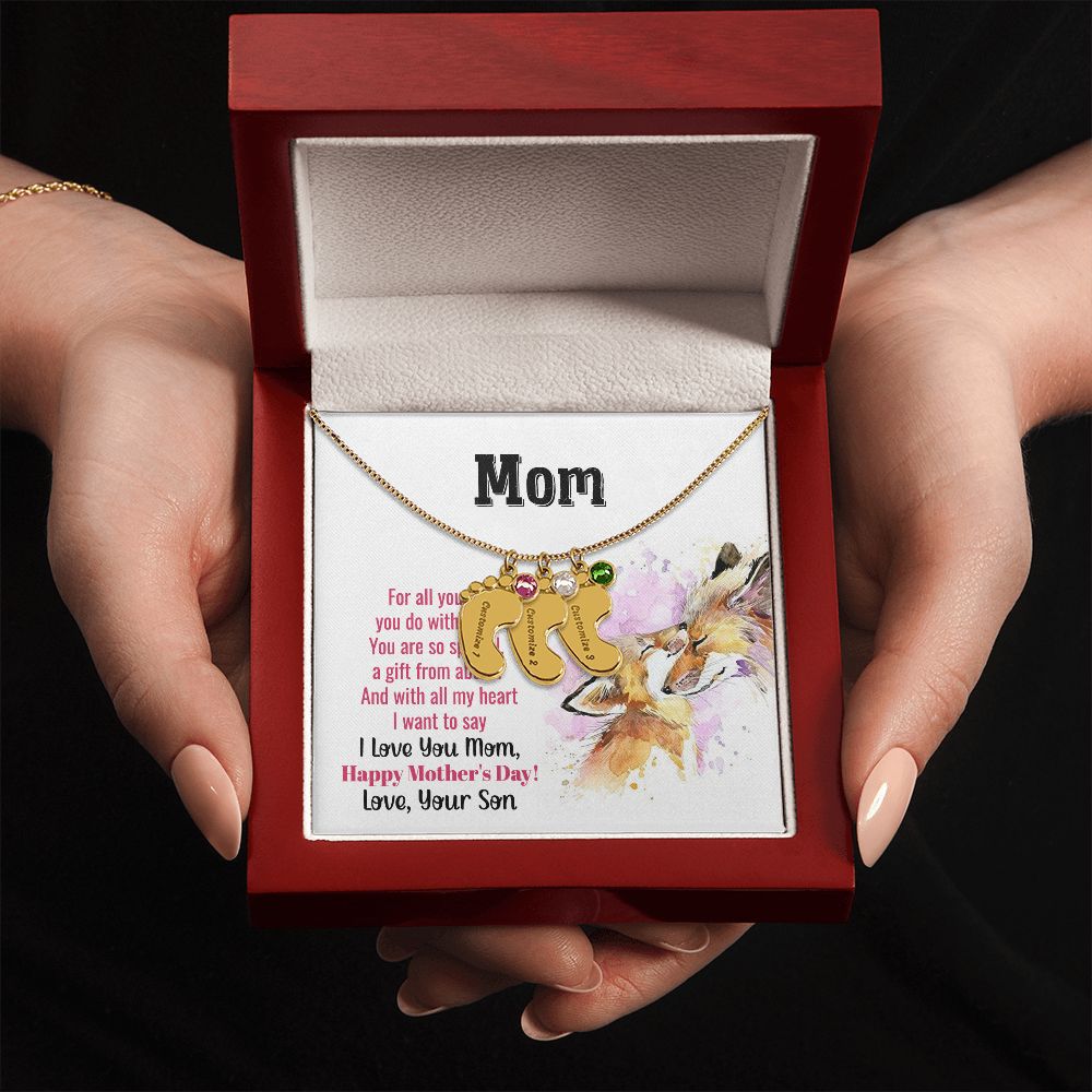 ENGRAVED BABY FEET WITH NAME AND BIRTHSTONE, NECKLACE GIFT FOR MOM WITH KIDS NAME, WITH MESSAGE CARD, MOTHER'S DAY GIFT FOR MOM FROM SON