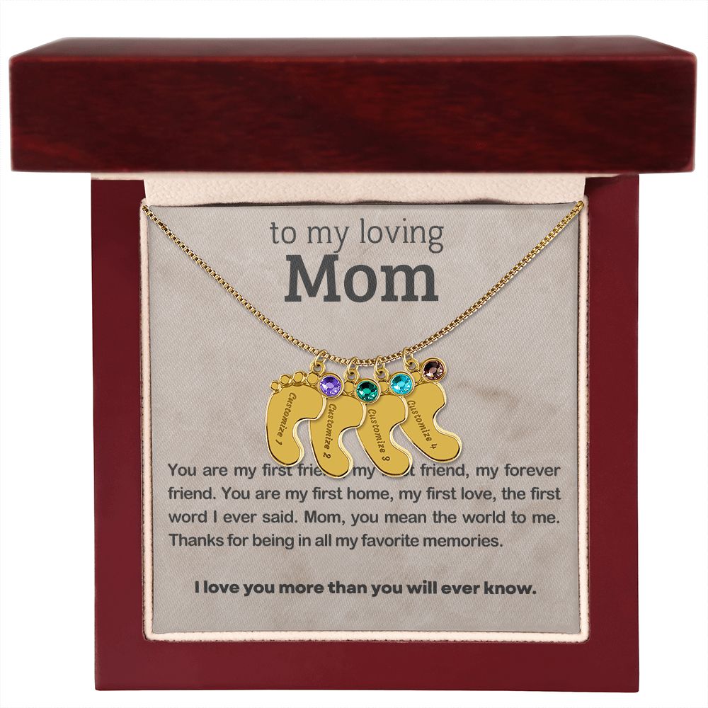 ENGRAVED BABY FEET WITH NAME AND BIRTHSTONE, NECKLACE GIFT FOR MOM WITH KIDS NAME, WITH MESSAGE CARD, BIRTHDAY/MOTHER'S DAY GIFT FOR MOM, FROM SON/DAUGHTER
