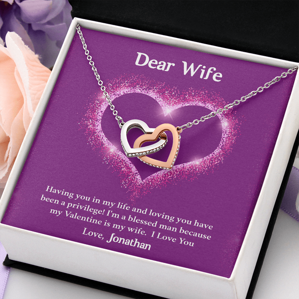 Dear Wife, Interlocking Hearts Necklace With I'm A Blessed Man Because My Valentine's Is My Wife Custom Message Card, Pendant For Her, Birthday, Anniversary, Jewelry For Her, Valentine's Day Gift