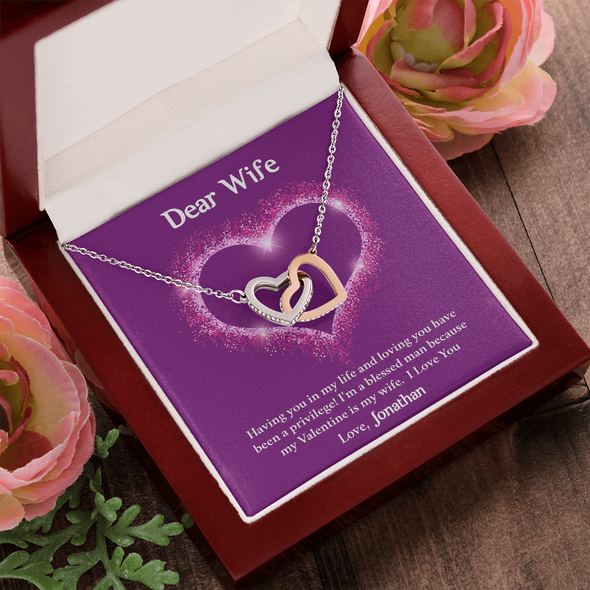 Dear Wife, Interlocking Hearts Necklace With I'm A Blessed Man Because My Valentine's Is My Wife Custom Message Card, Pendant For Her, Birthday, Anniversary, Jewelry For Her, Valentine's Day Gift