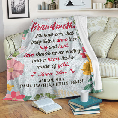 Personalized Grandma Premium Blanket "Love That's Never Ending, and A Heart That's made of Gold"